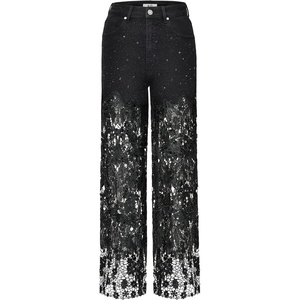 image:imageJW PEI Womens Embroidery High Rise Wide Leg Lace Denim Jeans with RhinestoneBlack
