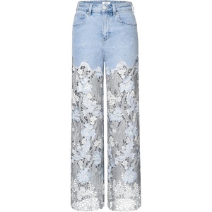 image:imageJW PEI Womens Embroidery High Rise Wide Leg Lace Denim Jeans with RhinestoneLight Blue