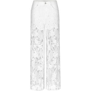 image:imageJW PEI Womens Embroidery High Rise Wide Leg Lace Denim Jeans with RhinestoneWhite