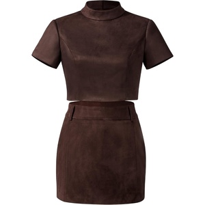 image:imageJW PEI Womens Grace Faux Suede Crop Top and Mini Skirt SetChocolate Brown